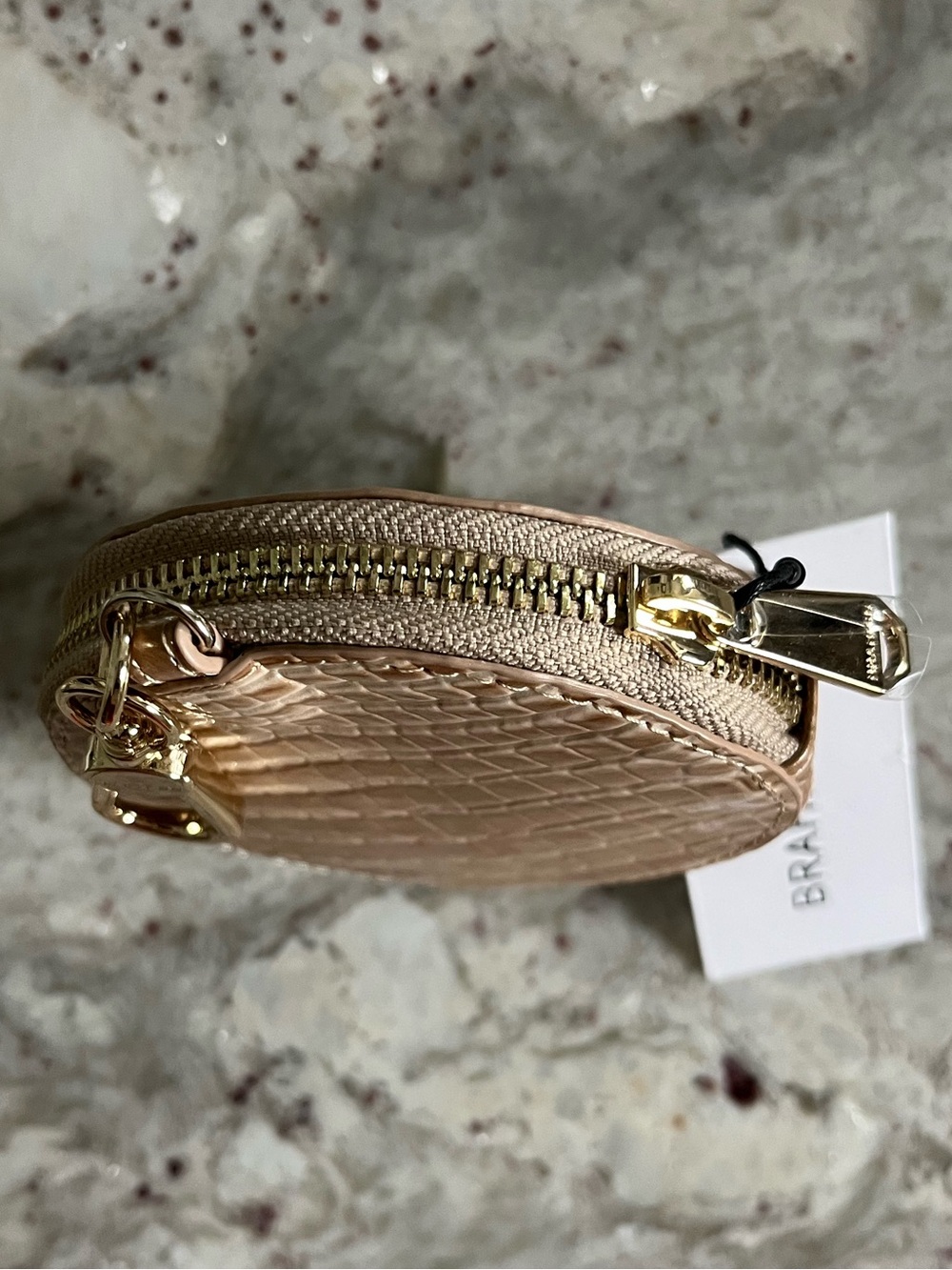 Brahmin Metallic cream w gold Croc-Embossed Round Coin Purse Keychain - Picture 3 of 4